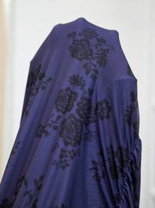 SHEIN Privé Plus Size Elegant Artistic Floral Printed A-Line Abaya Dress With Tight Waist And Slit Cut, Green - Dusty Purple - View 7