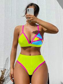 Swim Vcay 女士夏季海滩撞色性感比基尼套装两件套比基尼套装 - 彩色 - 查看 1