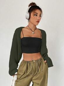 SHEIN Unity Solid Batwing Sleeve Crop Duster Cardigan - Olive Green - View 3