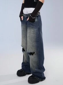 Manfinity Denimwave Simple Daily Distressed Jeans för män, Street Style - Blågrön - Visa 5