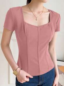 Mulvari Women's Summer Solid Color Sweetheart Neck Short Sleeve Casual T-Shirt