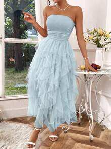 Rafferiza Vestido para Formatura de Verão & Recepção de Casamento, Vestido Longo Feminino Azul de Tule Tomara que Caia - Azul bebê - Visão 6