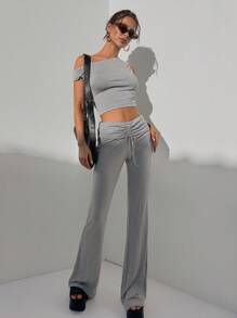 Aloruh Flower Gray Knitted Set, T-Shirt And Pants 2pcs - Grey - View 6