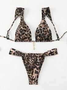 Swim Vcay 2 piezas Conjunto de traje de baño de mujer con estampado de leopardo, estampado aleatorio de verano