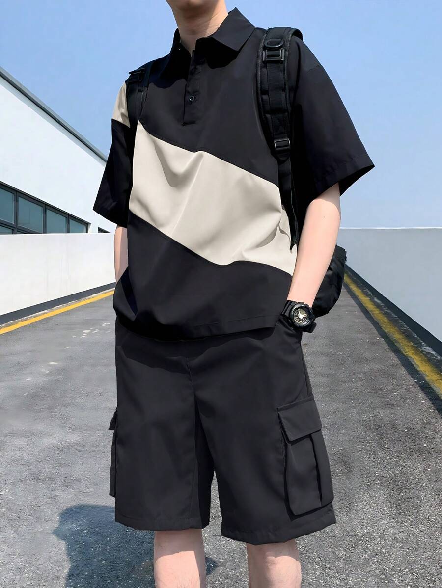 Manfinity Hypemode Set Kaos Polo Lengan Pendek dan Celana Pendek Kasual Pria Motif Blok Warna Musim Panas - MultiWarna - View 1
