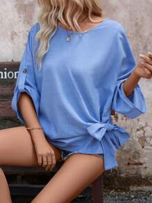 SHEIN LUNE Solid Color Round Neck Mid-Flip Sleeve Shirt With Front Tie - Blue - View 5