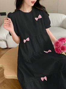 DAZY 女士可爱蝴蝶结装饰高腰短袖夏季连衣裙，荷叶边长款连衣裙 - 黑色 - 查看 5
