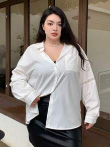Dazy Plus Plus Size Solid Color Loose Fit Shirt With Lace Collar And Long Sleeves,Fall Clothes - White - View 5