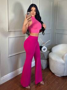 SHEIN SXY Low Waist Solid Flare Leg Skinny Suit Pants Party Sexy Elegant Date Night Party In Fall/Winter - Hot Pink - View 4