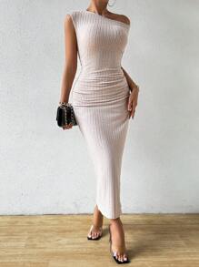 Chiquease Asymmetrical Neck Ribbed Knit Ruched Dress - Apricot - View 4