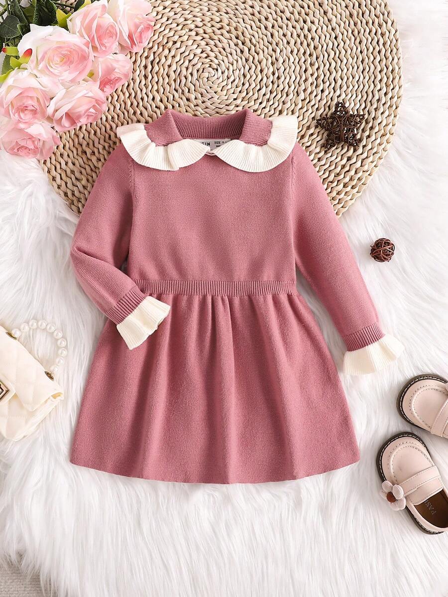SHEIN 寶寶女孩可愛休閒針織拼接荷葉邊長袖毛衣裙，秋冬季節 - 粉色 - 查看 1