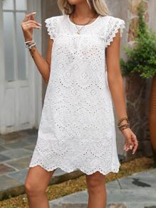 Breezaya Round Neck Solid Woven Embroidered Lace Hem Dress, Short-Sleeved With Random Embroidery Vacation Beach Outfits Women