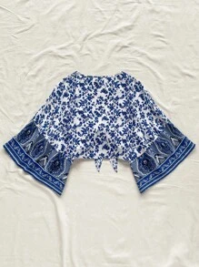 Soleia WYWH女士休閒度假碎花拼接荷葉邊打結上衣，配鈴鐺袖