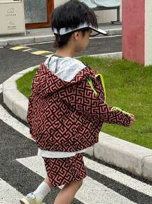 SHEIN Young Boys Geo Print Contrast Side Seam Hooded Jacket & Shorts - Brown - View 6