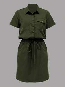 Lunelith SHEIN Lunessa 女式夏季多口袋迷彩工作服襯衫連衣裙，短款 - 軍綠色 - 查看 3