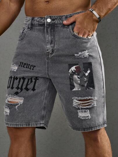 Manfinity LEGND Men's Letter Printed Distressed Denim Shorts Jorts With Pockets, Emo Style