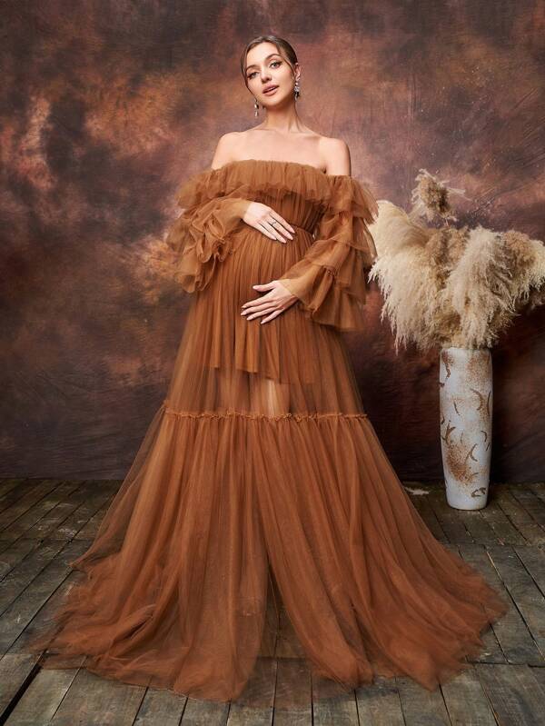 Faeriesty Dressalisa Elegant Maternity One-Shoulder Gown With Layered Tulle Sleeves & Adjustable Tie-Back Detail - Flowing A-Line Tulle Skirt For Baby Showers, Bridal Luncheons, Garden Weddings, Upscale Maternity Portraits, And Formal Daytime Events