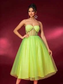SHEIN Belle Elegant And Vibrant Fluorescent Strapless Bra Cup, With Back Ties And High Waist. Pleated And Fluffy Chiffon Dress, Perfect For Graduation Parties, Afternoon Tea, Gatherings, And Cocktail Parties.