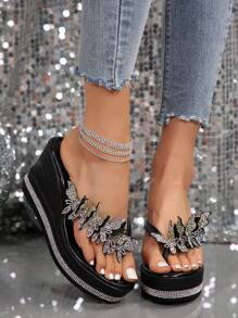 新款女士坡跟厚底凉鞋，镶钻防水厚底时尚蝴蝶网面鞋，情人节、人字拖、夏季穿搭、旅行必备 - 黑色 - 查看 2