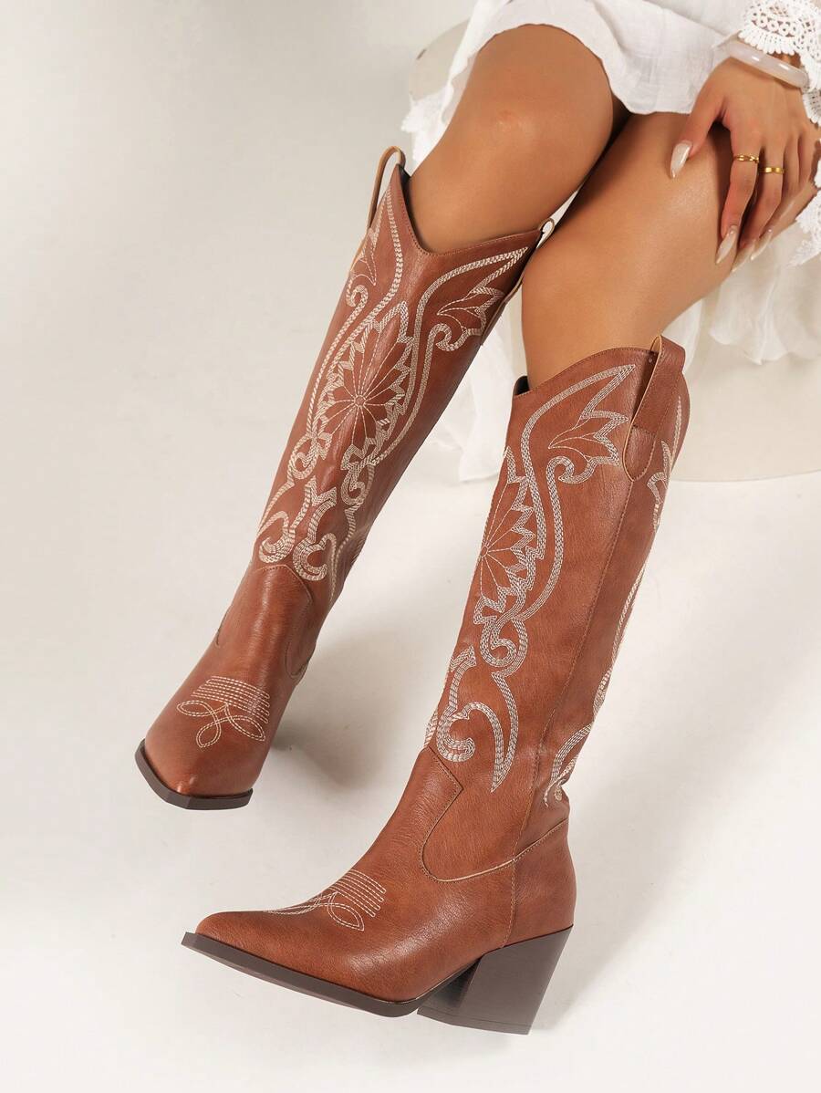New Embroidered Pointed Toe High-Cut Western Women's Boots, Perfect With Sweater, Cowboy Boot - Brown - View 1