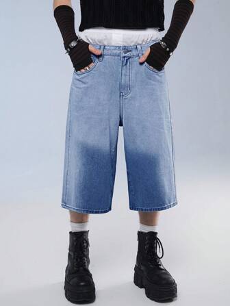 Manfinity Denimwave Men's Loose Fit Wide Leg Denim Shorts With Pockets, Street Style