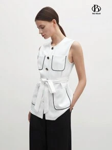 BizChic 女士休闲拼色前纽扣背心，配有口袋和撞色饰边，秋季女装 - 白色 - 查看 6