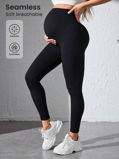 SHEIN Leggings esportivas de maternidade sem costura, cor preta