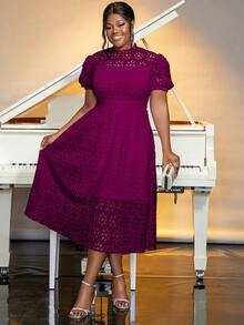 Plus Size Spring Purple Easter Solid Color Hollow Out Lace Puff Sleeve A-Line Elegant Wedding Birthday Date Dress For Women, Valentine's Day Party Dress Wedding Guest Cocktail Dress - Màu tím - Xem 4