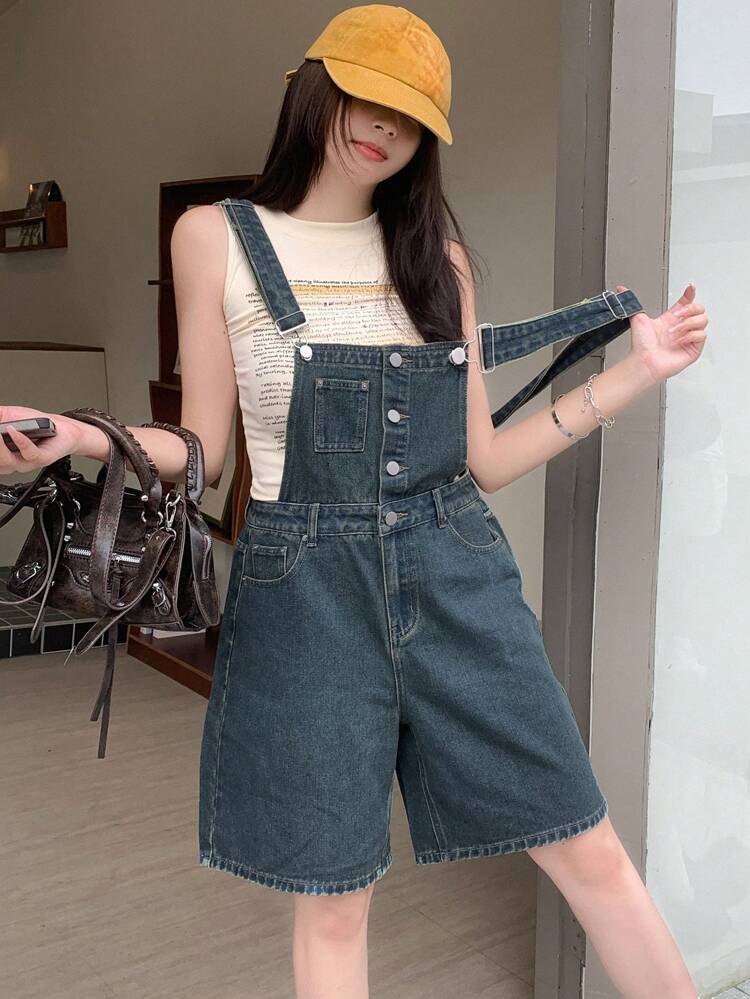 Pantalones cortos de peto de mezclilla con botón delantero sólido para verano