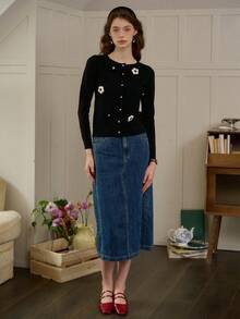 Simple Retro Cárdigan de mujer con bloqueo de color y bordado floral, primavera/otoño