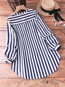 SHEIN LUNE Camisa de manga larga sencilla impresa con rayas para mujer de talla grande para uso diario - Azul Marino - Ver 2