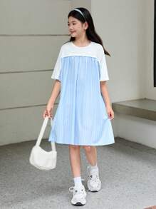 SHEIN Vestido de longitud media suelto para niña preadolescente con mezcla de colores para usar en ocasiones informales con cuello redondo - Azul - Ver 7