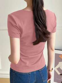 Mulvari Women's Summer Solid Color Sweetheart Neck Short Sleeve Casual T-Shirt