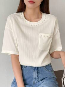 DAZY Camiseta Con Cuentas De Perlas Con Diseño De Hombro Caído