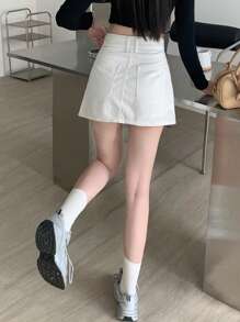 DAZY Solid Pleated Detail Denim Skirt Jeans Skirt