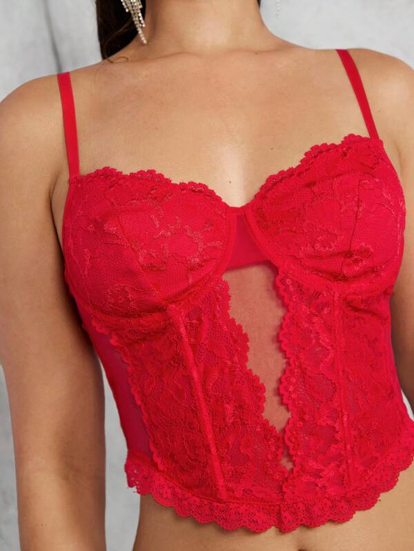 Glamine Women's Solid Mesh Insert Lace Crop Cami Top