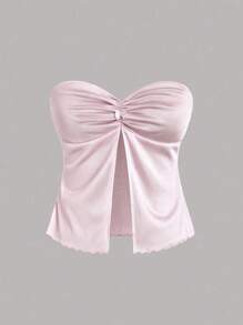 Sweetra Sexy Strapless Top With Gathered Front And Middle And High Slit Y2K Outfit  - Apricot - View 1