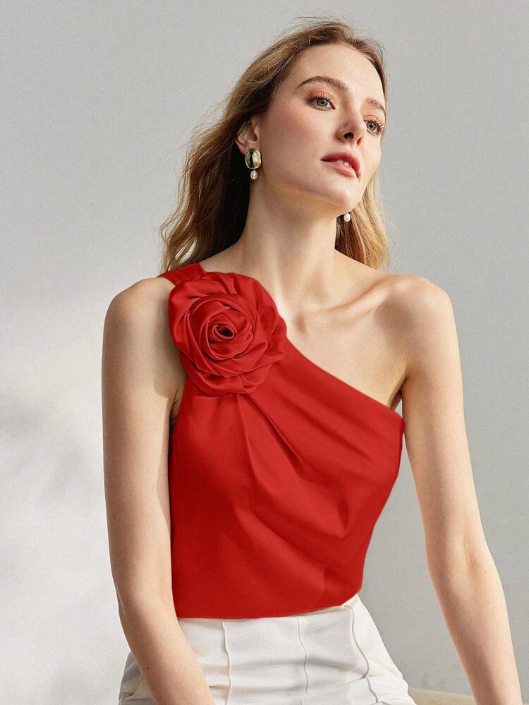 Blusa de Ombro Único com Remendos Florais para Roupas de Ano Novo