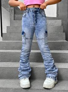 SHEIN Tween Girls Y2K時尚石洗條紋摺褶翻蓋口袋喇叭牛仔褲 - 中等水洗藍 - 查看 3