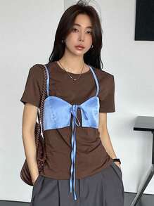 DAZY Women's Blue Knotted Strap Camisole And Brown Round Neck Short Sleeve Top, Casual Summer Outfit 2pcs/Set