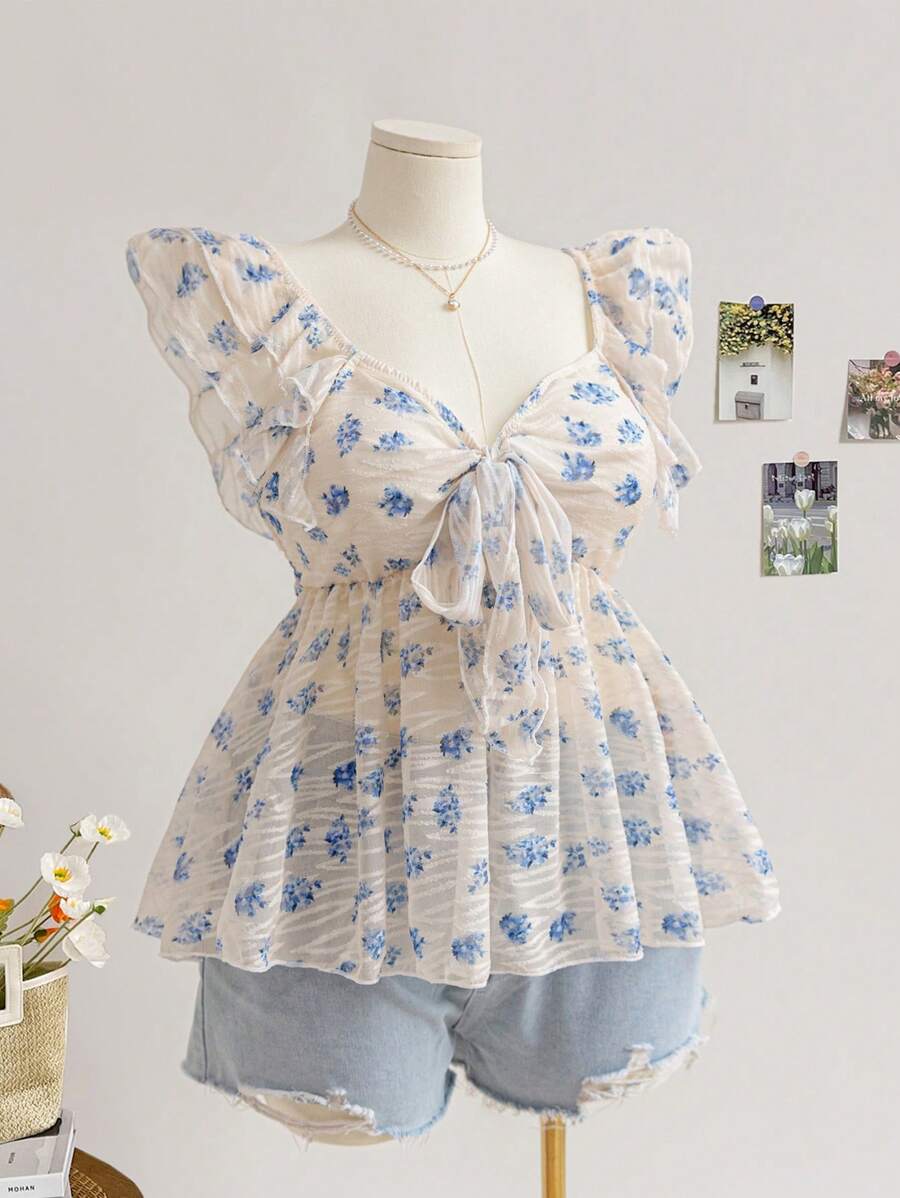 Soleia Multi-Color Textured Blue Floral Pleated Cap Sleeve Butterfly Tie Waist A-Line Plus Size Shirt, Romantic Casual Vacation Curve Blouse - Multicolor - View 1