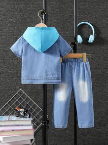 Boys Baby Patched Button Front Denim Shirt & Denim Pants & Hooded Letter Graphic Tee - Baby Blue - View 2