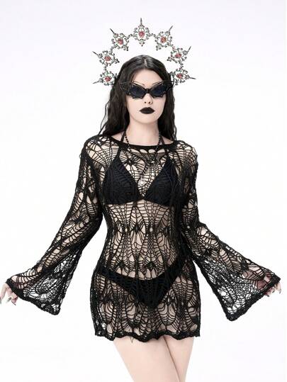 Goth Abito copri-costume da donna a maniche a sbuffo, con scollo tondo, trasparente e traforato, di colore unito, adatto per Ognissanti