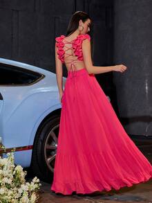 Chiffon Backless Cross Tie Ruched Ruffle Hem Invisible Zipper Large Swing Evening Dress Elegant Formal Prom Wedding Guest Gown, For Graduation, Dinner Party Dress - Hot Pink - View 3