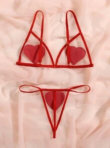 Heart Patched Mesh Lingerie Set Bridallingerie - Red - View 2