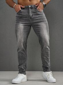 Manfinity Homme 男士純色簡約日常拉鍊灰色牛仔褲 - 灰色 - 查看 6