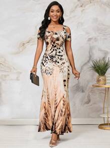 SHEIN Lady 节日连衣裙 女士时尚优雅连衣裙 聚会约会印花连衣裙 - 彩色 - 查看 4