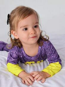 SHEIN 嬰兒女童編織休閒簡約連身衣，街頭風格，拼接色彩，超級英雄主題，長袖，春秋裝 - 紫色 - 查看 4