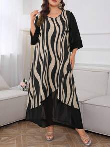 Mulvari Robe arabe à mailles contrastantes imprimées en vagues et en rayures, mode vintage décontractée et lâche printemps été