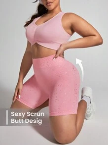 Easithlete Plus Size Women's High Waist Shorts And Sports Bra Set - Pink - View 5